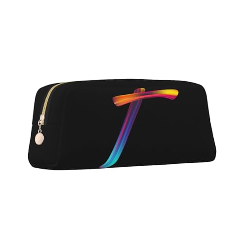 Image of Cute Initial Pencil Case for Kids Simple Leather Pencil Pouch for Boys Girls Letter Design Pencil Box Pen Bag Pencil Pouch Office Stationery Organizer, Rainbow Letter T
