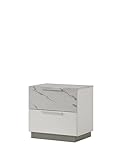 ROCKRAIN Modern White Lacquer Nightstand: Two-Tone High-Gloss with Marble Accents - Two Spacious Drawers & Velvet Lined Top - Compact Bedside Storage for Small Spaces & Bedroom Decor