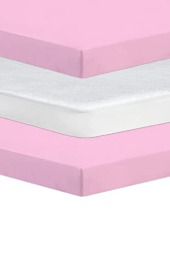 Next To Me Compatible Crib 3 Pack (83-85 x 50-51 cm) - 2x 100% Pure Cotton Crib Fitted Sheets & 1 Waterproof Mattress Protector with 150 GSM Terry Fabric (Pink)