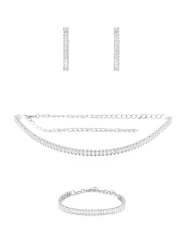 Juego de joyas con circonitas cúbicas blancas de latón bañado en plata juego de pendientes y collar S