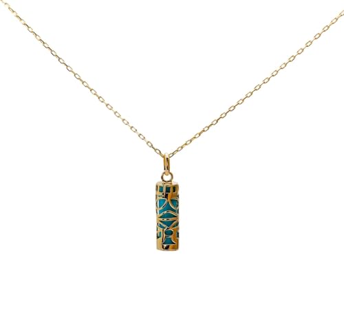 ASCALIDO Collier pendentif amulette porte bonheur Tahitien TIKI sagesse et sa chaine 50cm en vrai plaqué Or 18k turquoise neuf et avec coffret