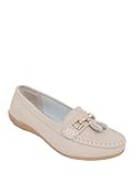 Chums Ladies Nautical Leather Loafers, Wide Fit Slip On Shoes with Flexible Sole & Comfortable Cushion Insoles Beige 6 UK