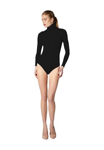 Image of Wolford Colorado String Body For Women Long-Sleeve Turtleneck Bodysuit Shiny Finish Cotton Blend Interior Seamless Design, Black, Small