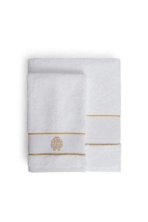 Roberto Cavalli Set 2 Asciugamani In Spugna Di Cotone 600 Gr/mq, Viso 60x110cm E Ospite 40x60cm, Bordo Logato Oro, Sabbia