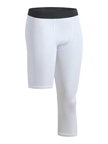 Mufeng Mens One Leg Compression Capri Tights 3/4 Single Leg Basketball Leg Sleeves Athletic Base Layer Leggings Left Long White Medium