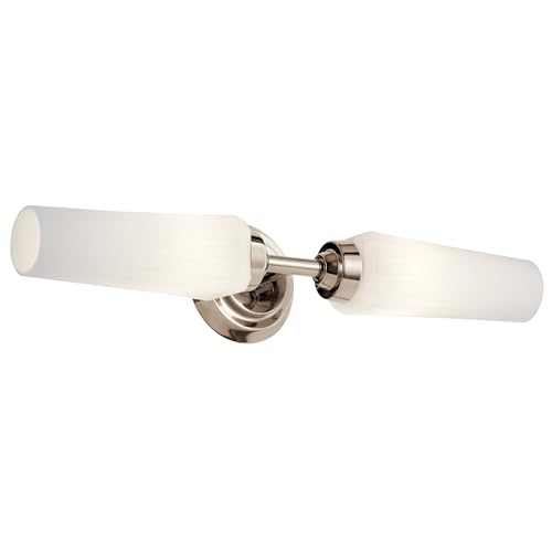 Image of Kichler Truby 2-Light Bathroom Vanity Light Fixture with Satin Etched Cased Opal Glass in Polished Nickel, Modern Wall Mount Light for Mirror (19.75 x 4.5 x 4.5), 45887NI