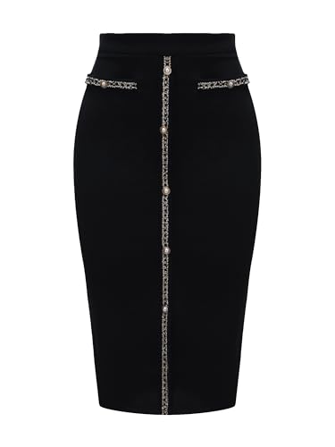 Women's Pencil Skirt High Waist Tweed Trim Stretchy Office Work Bodycon Midi Skirts2