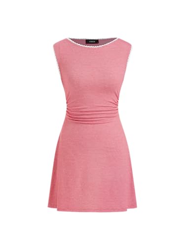 Image of CIDER Women's Summer Mini Dress Boat Neck Sleeveless Ruched Tie Back Cute Casual Dresses Nightgown Outfits Trendy