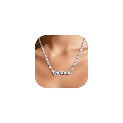 Custom4U Personalized Cuban Link Chain for Men Women, Silver/Black/Gold Plated Stainless Steel Cuban Chain Names Necklace, Customized Gift for Men(with Gift Box) C-01-Silver 18 Inches