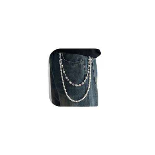 Image of Layered Pants Wallet Chain for Men Women Trendy Vintage Flower Pearl Rhinestone Wallet Chain Dainty Fashion Street Jeans Punk Keychain Jewelry Clothing Accessories