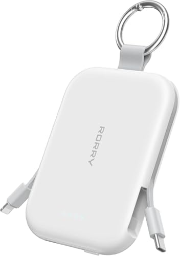 RORRY Portable Charger, 5000mAh Portable Charger Power Bank with Built-in Cables, Travel Keychain Charger Battery Pack for iPhone 16/15/14/13/12, for AirPods 2/3/4/Pro, White