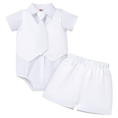 Summer Baptism Outfits for Boys Baby Christening Outfit Gentleman Suit Dedication White Dress Shirt Romper Necktie Waistcoat Shorts Toddler Baptismal Clothing Wedding Tuxedo Formal Easter 12-18 Months