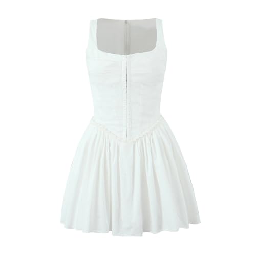 IBAKOM Damen Sommerkleid Ärmellos Plissiert Bustier Korsett Kleid Hohe Taille Rüsche A-Linie Minikleider Freizeitkleider Cocktailkleid weiß S