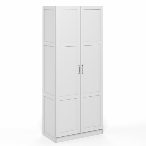 Image of Furinno Robin 4-Tier White Storage Cabinet, 30-Inch Pantry Cabinet with Adjustable Shelves & 2 Shaker-Doors, Kitchen Cabinet, Organization and Storage, for Pantry, Home Office, Plain White