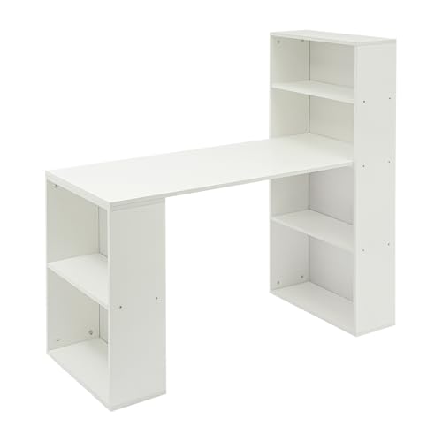 Treeisland Escritorio con estantería, escritorio para ordenador con 6 estantes, mesa de trabajo con espacio de almacenamiento para el hogar, oficina, color blanco