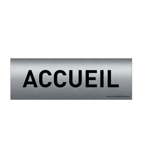 AUA SIGNALETIQUE - Plaque de porte Aluminium brossé imprimé AluSign Texte - 150x50 mm - Double Face adhésif au dos (Accueil)