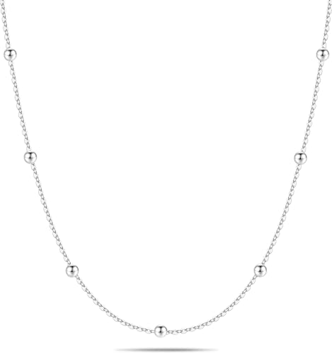 IEFWELL Solid 925 Sterling Silver Chain Necklace for Women, 1.6mm Satellite Bead Chain Necklace Shiny Sturdy Hypoallergenic Necklaces, 18 Inches Dainty Silver Jewelry for Women