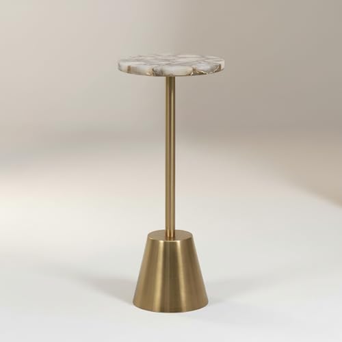 Round End Table, Side Table, or Small Night Stand for Room Decor – Metal Accent Table with Polished Edge Agate Top Ideal for Small Spaces – Unique Table for Office, Bedroom, or Living Room – 24" Gold by NESS AND JORD - Used condition - US$70.06