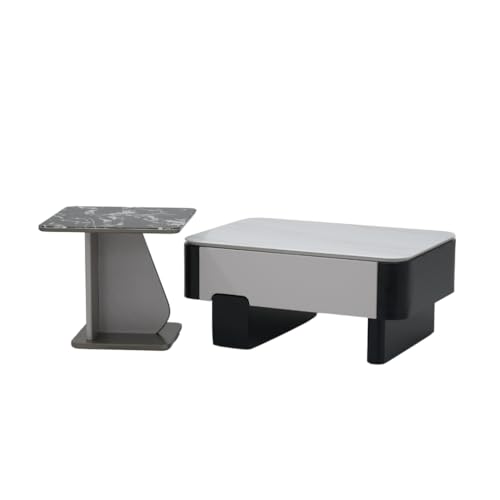 Image of Royaloak Seattle American Glass Coffee Table Set of Two | Tempered Glass with Marble Effect Surface & Black Body | Drawer Storage, Asymmetrical Side Design, Stylish Centre Table for Living Room