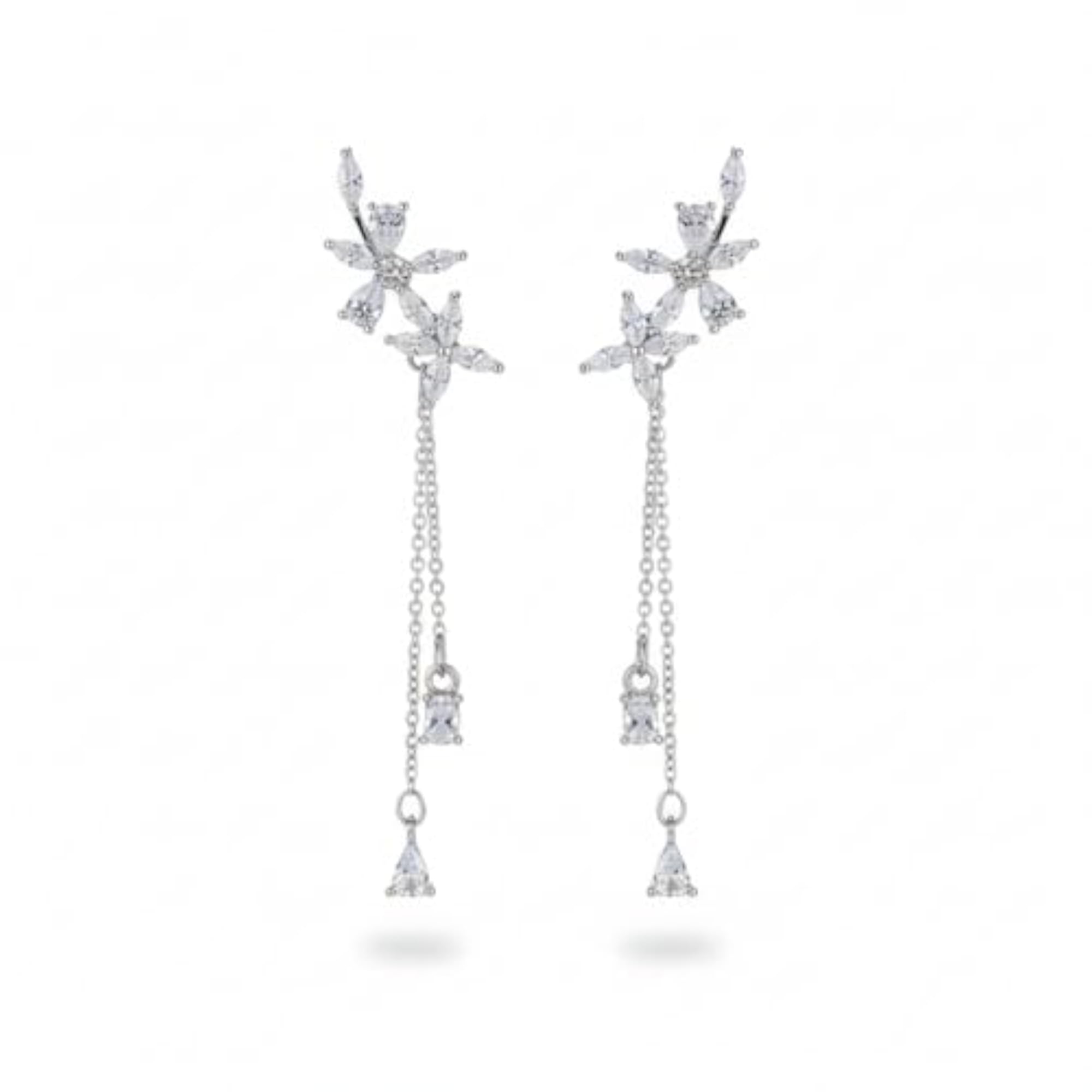 Women's Elegant Crystal Flower Dangle Earrings, Silver Tassel
