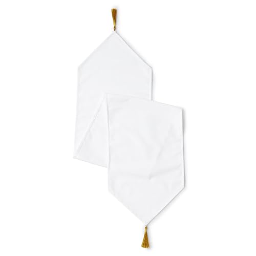 Image of Encasa XO Fine Chenille Table Runner for Dining with V-End and Tassels, 4 Seater Size 32x150 cm - White | Decorative Cloth for Party, Wedding, Home, Cafes, Restaurants & Hotels