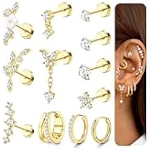 LOLIAS Hypoallergenic Cartilage Earrings for Women Flat Back-16G 18G 20G Cartilage Earring Stacks-Surgical Steel Earrings for Sensitive Ears-316L Stainless Steel Flatback Studs Hoop Earring Sets for Multiple Tragus Conch Daith Helix Piercing Jewelry Single PC