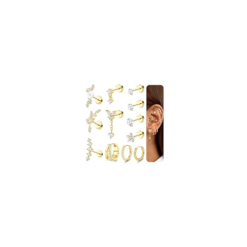 Hypoallergenic Cartilage Earrings for Women,20G Flat Back Earrings Gold