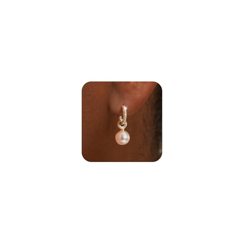 Pearl Earrings for Women, 14K Gold Plated Pearl Drop Dangle Earrings Zircon Pearl Stud Earrings Trendy Hypoallergenic Wedding Gold Hoop Earrings for Women Bridesmaid Jewelry Gift