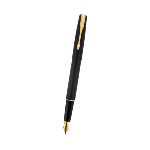 Parker Frontier Fountain Pen | Matte Black Body with Gold Trim | Blue Color Ink | Refillable Fine Nib Pen for Smooth Writing | A Premium Writing Experience for Everyone