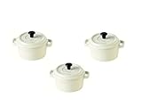  Lot de 3 Mini Cocottes Blanches Céramique Double Poignées avec Couvercle 13,5cm x 8cm Contenance Moule 200ml Ramequin Résistant Haute Température Four pour Petits Plats (Blanc, Lot de 3) …