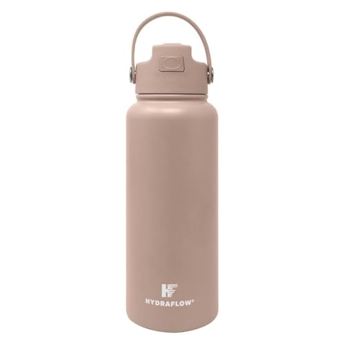 Hydraflow Hybrid - Triple Wall Vacuum Insulated Water Bottle with Flip Straw (34oz Khaki) Stainless Steel Metal Thermos Reusable Leak Proof BPA-FREE for Sports and Travel