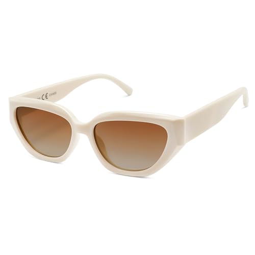 SOJOS Trendy Cute Cat Eye Polarized Sunglasses for Women Fashion Cateye Womens Sunnies SJ2237, Light Beige Frame Brown Grading Lens