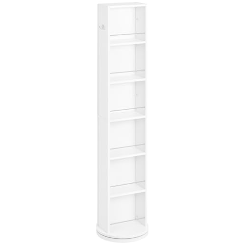 kleankin Columna Auxiliar de Baño Armario de Baño Armario Auxiliar de Baño Giratorio de 6 Niveles con Espejo de Cuerpo Entero para Dormitorio Aseo 36x36x171 cm Blanco