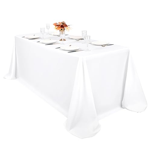 Pesonlook Lot de 1 nappe blanche en polyester, 228,6 x 396,2 cm, rectangulaire, en tissu polyester lavable en masse, idéale pour mariage, fête, banquet,...