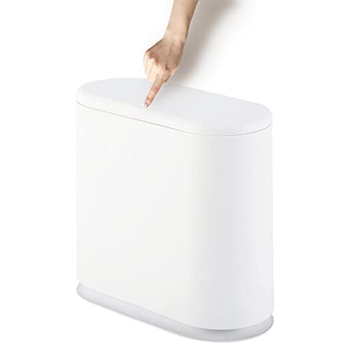 LENND 10 Liter Rectangular Plastic Trash Can Wastebasket with Press Type Lid, Garbage Container Bin for Bathroom,Powder Room,Bedroom,Kitchen,Craft Room,Office (White)