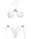 VOLAFA Triangle Bikini Set for Women Halter Swimsuit Beaded Solid Tie Textured Cheeky Swimwear Two Piece Bathing Suit(Small, White)