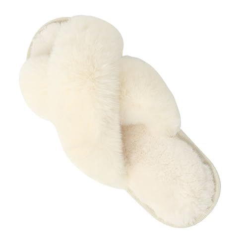 冬用プラッシュ裏地レディーススリッパファークロスストラップスリップオンハウスコットンスライドふわふわ暖かい快適な室内用(Beige,EU 38/39)