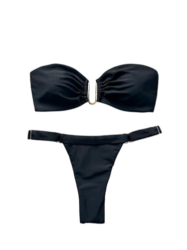 SHENHE Women's Strapless Swimsuits 2 Piece High Cut Cheeky Thong U Wire Bandeau Bikini Set