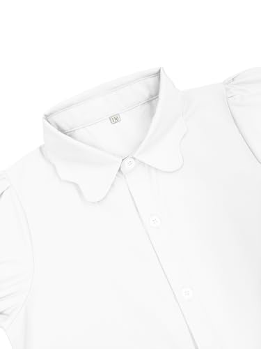 Image of Girls Button Down Shirt Puff Sleeves Blouse Summer Cute Top Doll Collar School Uniform, 4-13Y