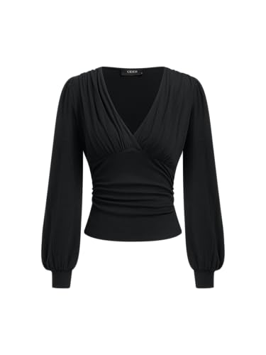 CIDER Wrap Tops for Women Long Sleeve V Neck Business Casual Outfits Ruched Pleated Going Out Blouse Fall Trendy