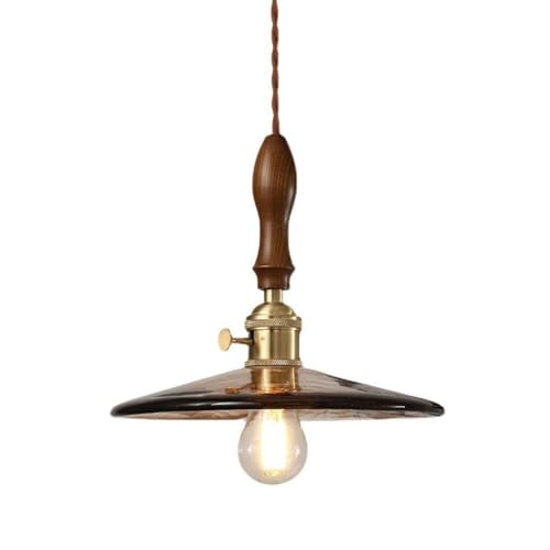 Lampe suspendue industrielle en verre soufflé bouche et bois noble