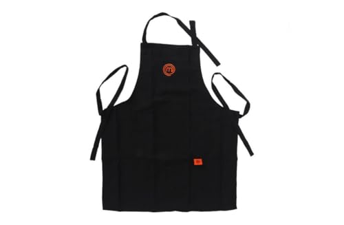 MasterChef Delantal Oficial con Bolsillo – 100% Algodón, Bordado con Logo Talla Única 70x81 cm – Negro – Delantal de Cocina Unisex Profesional