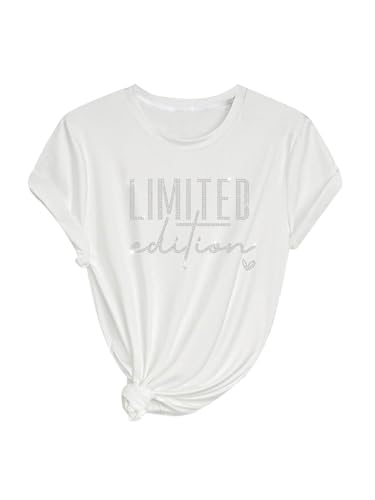 Verdusa Rhinestone Tops for Women Graphic Tees Crew Neck Short Sleeve Casual Loose T Shirts White Large