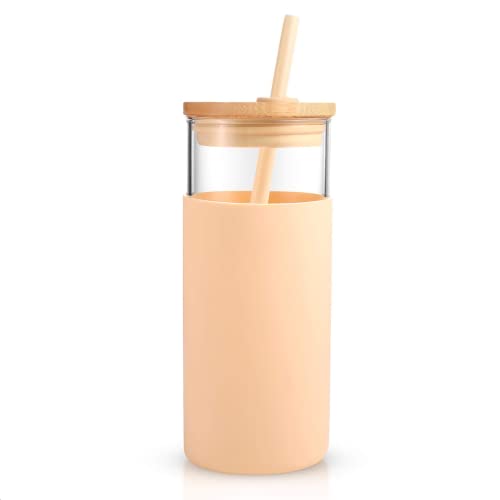 Tronco 20 oz Glass Tumbler with Lid and Straw, Iced Coffee Cup and Smoothie Cup with Bamboo Lids & Protective Silicone Sleeve, Dishwasher Safe, BPA-Free, Glass Cup 1 Pack CreamBeige 20 Ounce