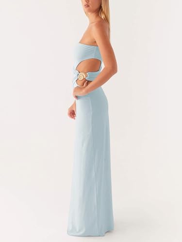 Image of Cut Out Maxi Tube Dresses for Women Sexy Y2k Strapless Backless Bodycon Long Dress Summer Sleeveless Hollow Sundress