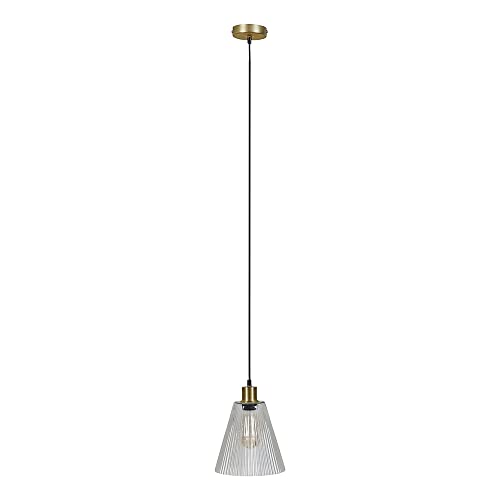 Image of MiniSun | Modern Satin Gold Suspended Ceiling Pendant Light Fitting with a Ribbed Clear Glass Shade | Pendant Lights, Home Décor & Improvement Essential | Mains Wired