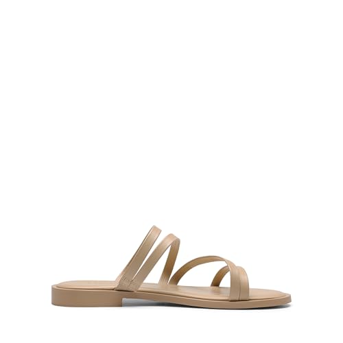 DREAM PAIRS Women's Clear Studded Rhinestone Slide Sandals Slip on Open Toe Cute Flat Sandals for Summer,Size 7.5,NUDE-PU,SDSS2213W