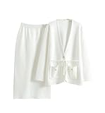 Women' Loose Knitted 2 Piece Set - V-Neck Sweater Cardigan & Waist Split Skirt - Comfortable Casual Outfit All Seasons(White,S)