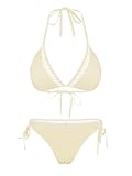 ZAFUL Women's Halter Bikini Set Crochet Triangle Two Piece Bathing Suit Side Tie Swimwear Apricot L