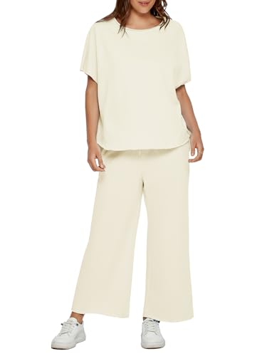 Glamaker Women's Two Piece Travel Lounge Outfits Matching Sets Crew Neck Pullover Tops Wide Leg Pants Airplane Outfits2